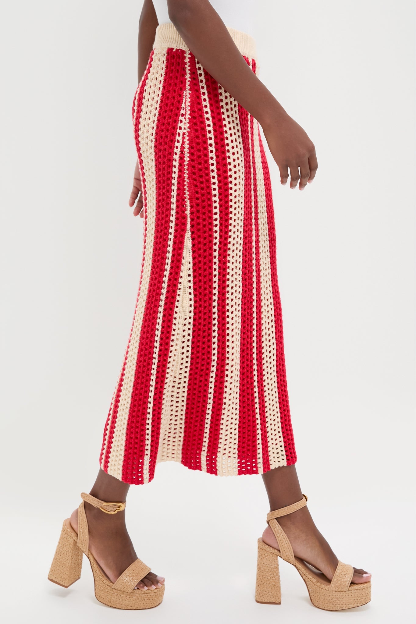 Burnt Red & Beige Striped Knit Renly Midi Skirt
