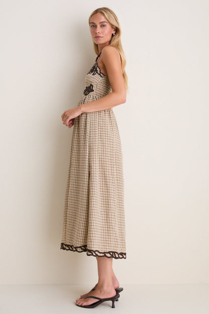 Brown Multi Embroidered Plaid Midi Dress