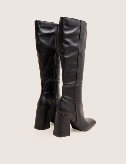 Apology Wide Fit Black Pu Knee High Block Heel Boots
