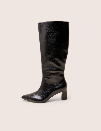 Boomer Black Crinkle Pu  Pointed Toe Knee High Mid Heel Boots