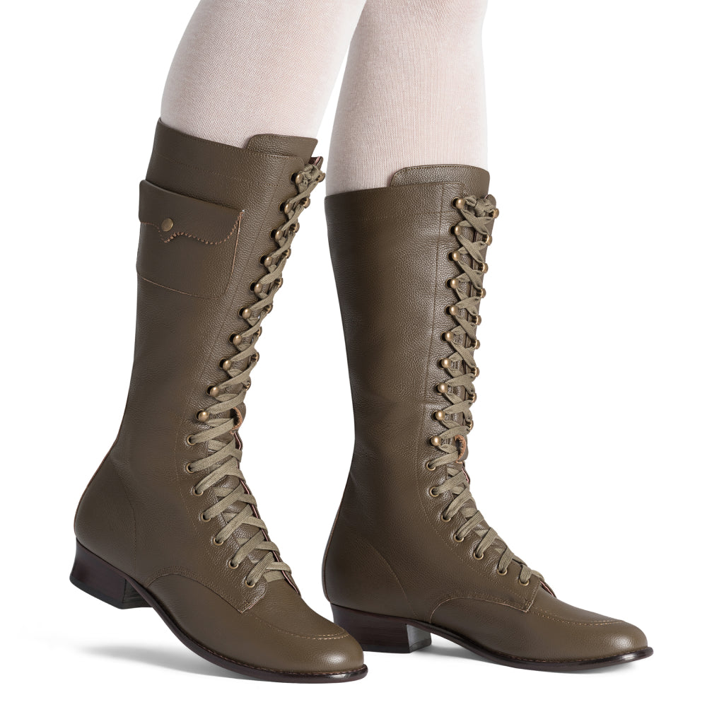 Bessie Vintage Aviator Boots Wide (Olive Green)