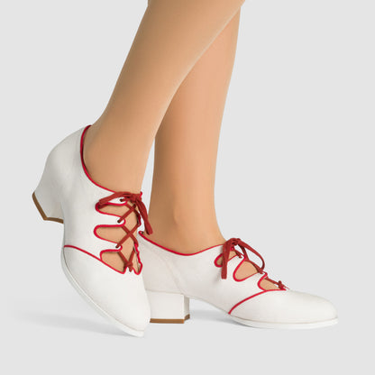 Clementine Vintage Ghillie Shoes Wide (Ivory/Red)