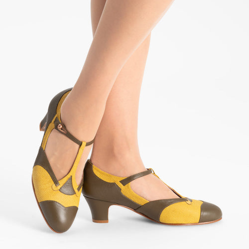 Doris 1920s Pumps Wide (Chartreuse/Olive)