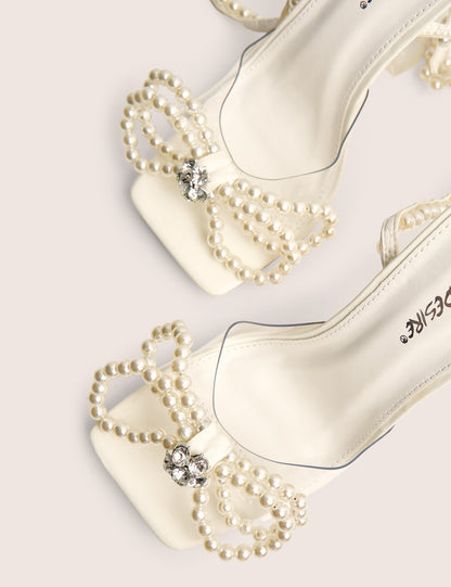 Glimmer White Wrap Around Pearl Detail Bow Square Toe Cake Stand Heels