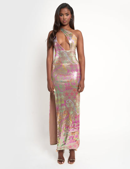 Sequin Printed Asymmetric Maxi Dress Multi