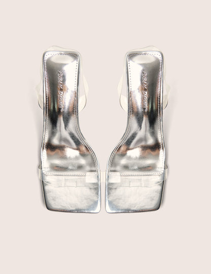 Merge Up Wide Fit Silver Perspex Square Toe Slingback Mid Heels