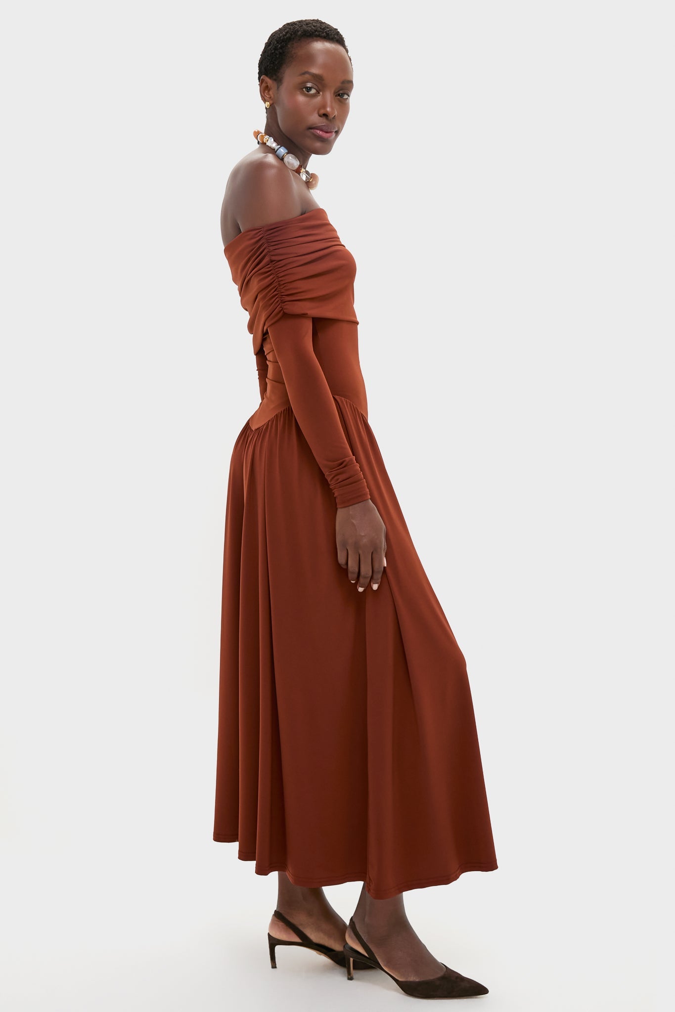 Burgundy Off the Shoulder Ruched Midi Dress