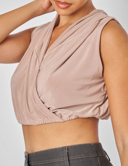 Sleeveless Wrap Front Top With Hood Stone