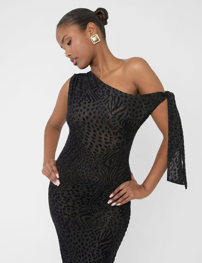 Knot Detail Asymmetric One Shoulder Maxi Dress Devore Leopard Black