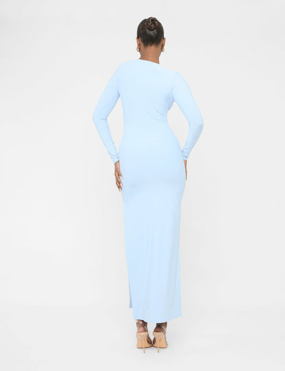 Long Sleeve Side Leg Split Luxe Slinky Maxi Dress Blue
