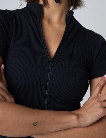 Ribbed Zip Up Unitard Black