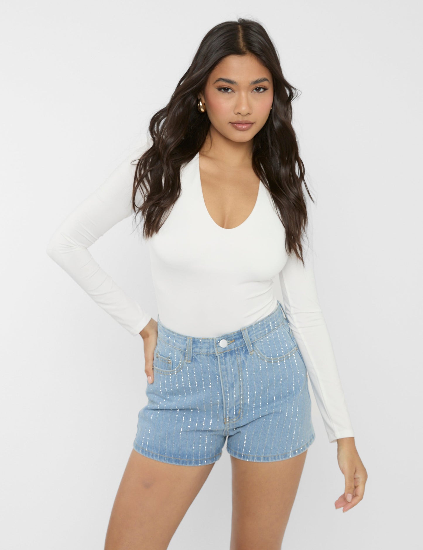 High Waist Diamante Embellished Shorts Light Blue