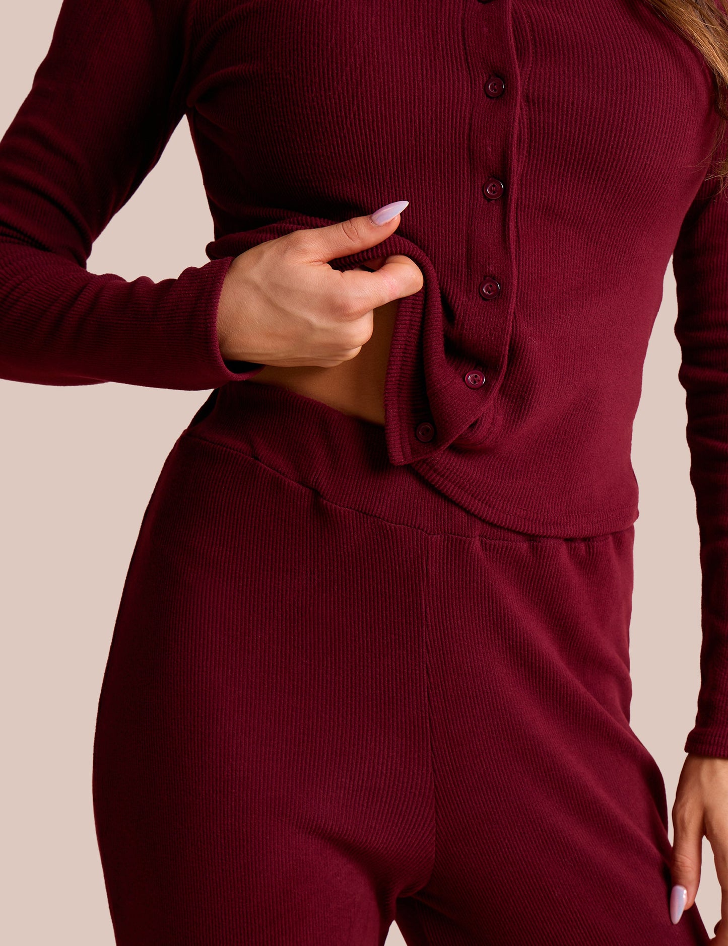 High Waist Rib Wide Leg Trouser Burgundy