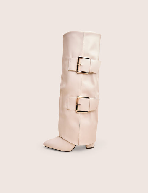River Ecru Double Buckle Detail Pu High Knee Boots