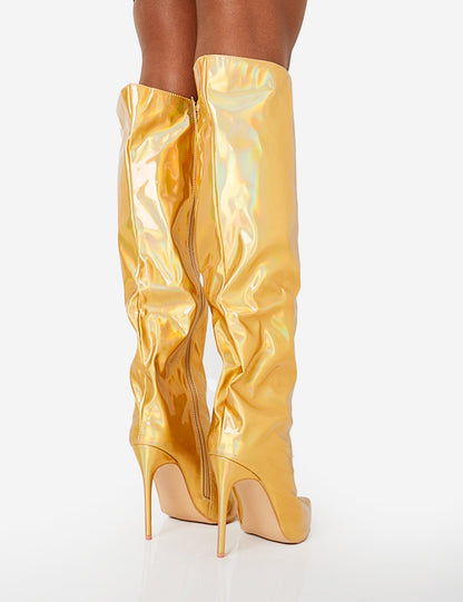 Tai Wide Fit Gold Metallic Pointed Toe Stiletto Knee High Boots