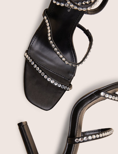 Ultra Chic Black Diamante Strappy Square Toe Slim Block Illusion Heel