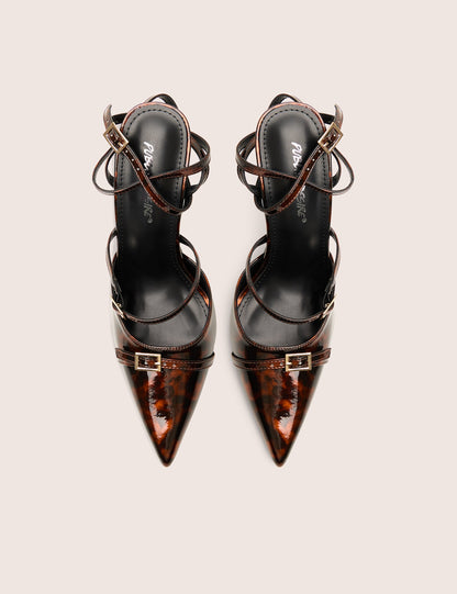 Viper Tortoise Print Three Strap Buckle Detail Court Heels