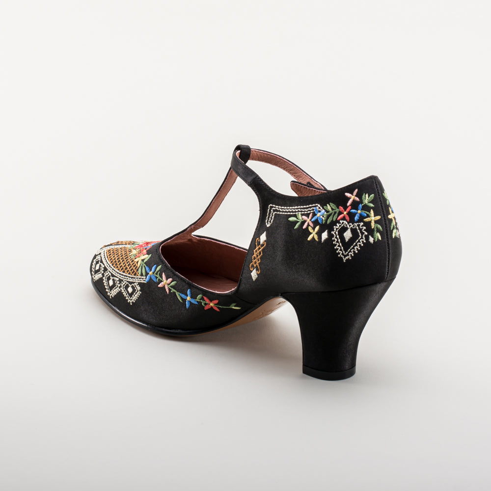 Daisy Embroidered T-Straps (Black)