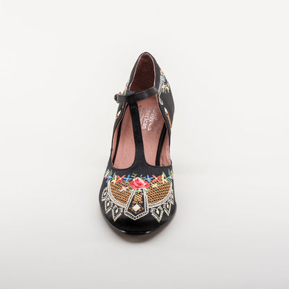 Daisy Embroidered T-Straps (Black)