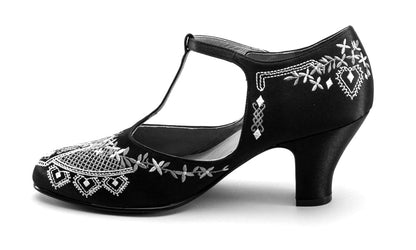 Daisy Embroidered T-Straps (Black)