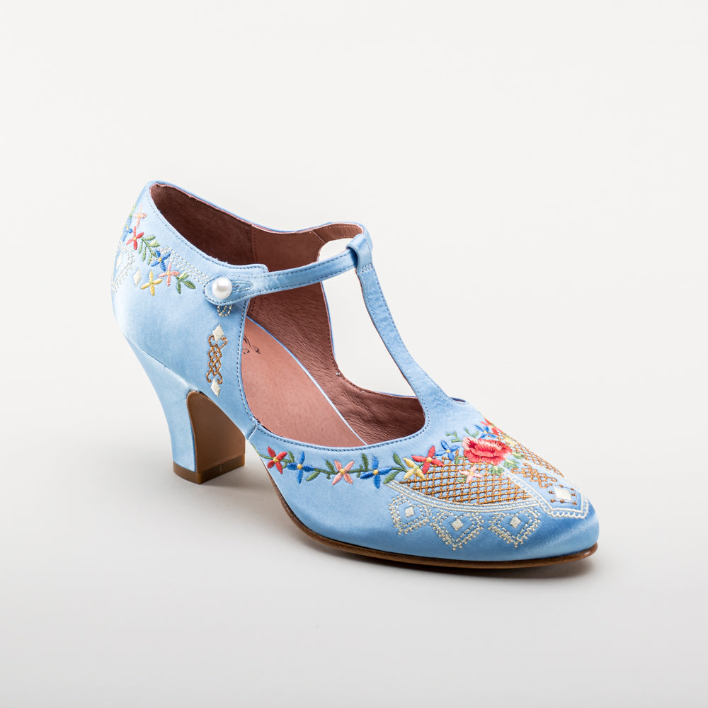 Daisy Embroidered T-Straps (Blue)