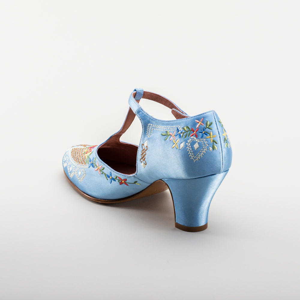 Daisy Embroidered T-Straps (Blue)