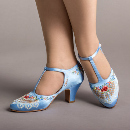 Daisy Embroidered T-Straps (Blue)