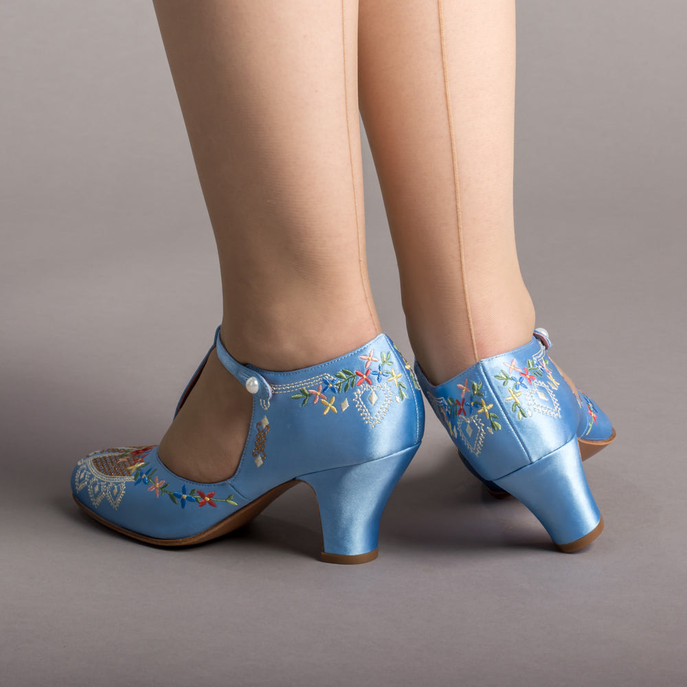 Daisy Embroidered T-Straps (Blue)