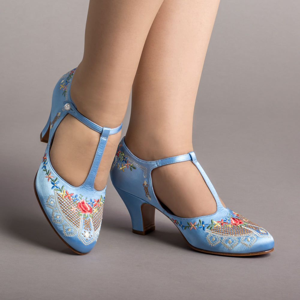 Daisy Embroidered T-Straps (Blue)