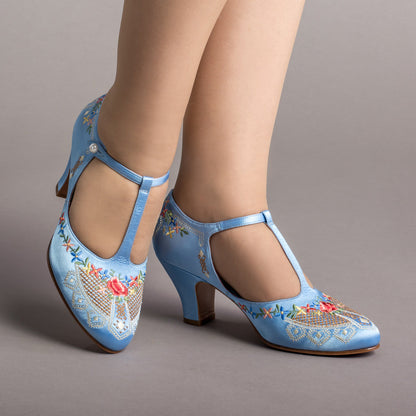 Daisy Embroidered T-Straps (Blue)