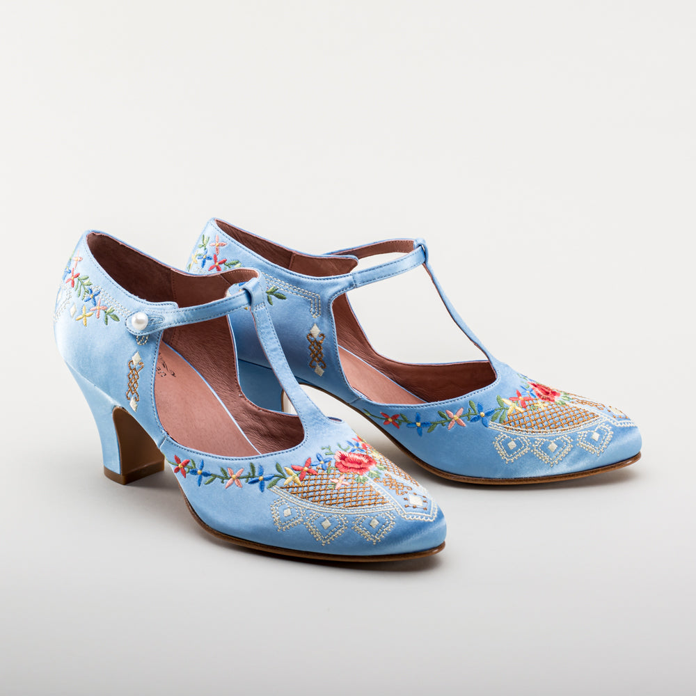Daisy Embroidered T-Straps (Blue)