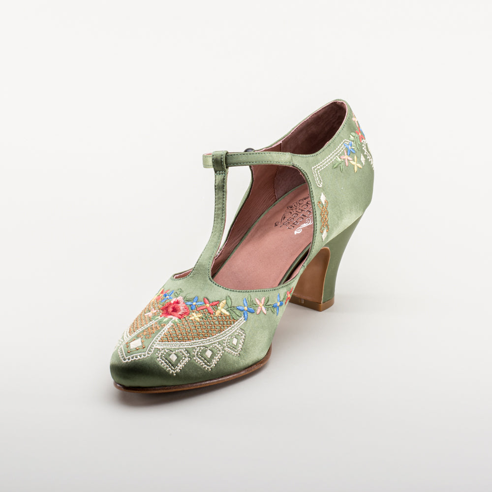 Daisy Embroidered T-Straps (Green)