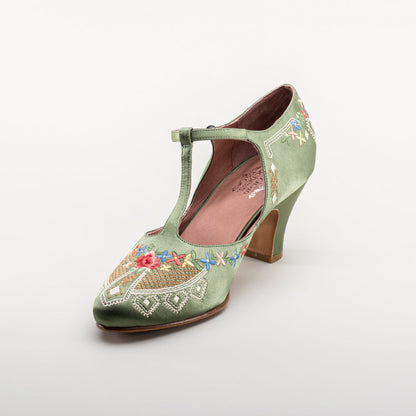 Daisy Embroidered T-Straps (Green)
