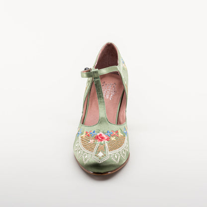 Daisy Embroidered T-Straps (Green)