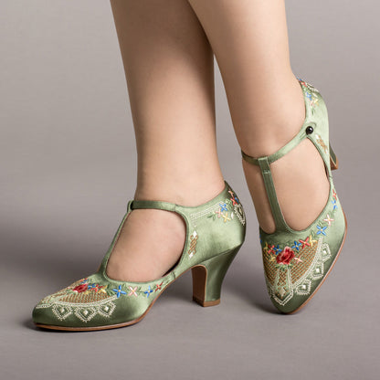 Daisy Embroidered T-Straps (Green)