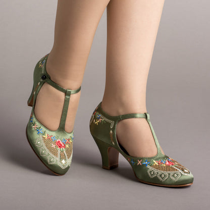 Daisy Embroidered T-Straps (Green)