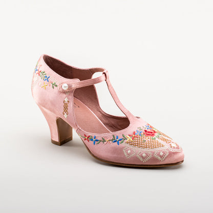 Daisy Embroidered T-Straps (Pink)