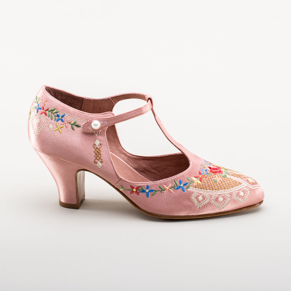 Daisy Embroidered T-Straps (Pink)