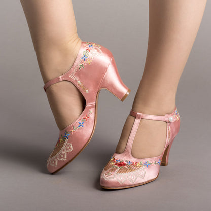 Daisy Embroidered T-Straps (Pink)