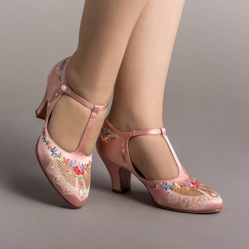 Daisy Embroidered T-Straps (Pink)