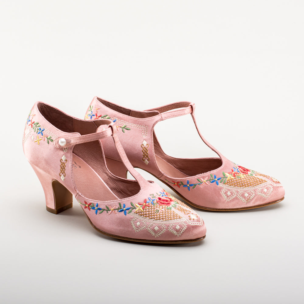 Daisy Embroidered T-Straps (Pink)