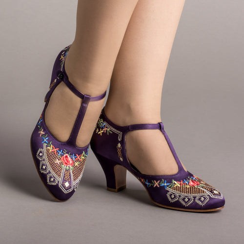 Daisy Embroidered T-Straps (Purple)