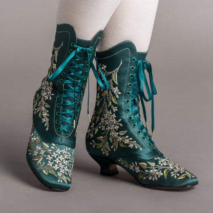 Flora Embroidered Boots Wide (Emerald Green)
