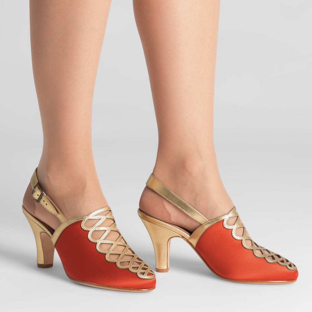 Hedy Vintage Slingbacks (Vermilion/Gold)