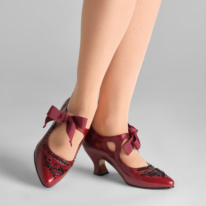 PRE-ORDER Laurel Beaded Edwardian Shoes Wide (Burgundy/Black)