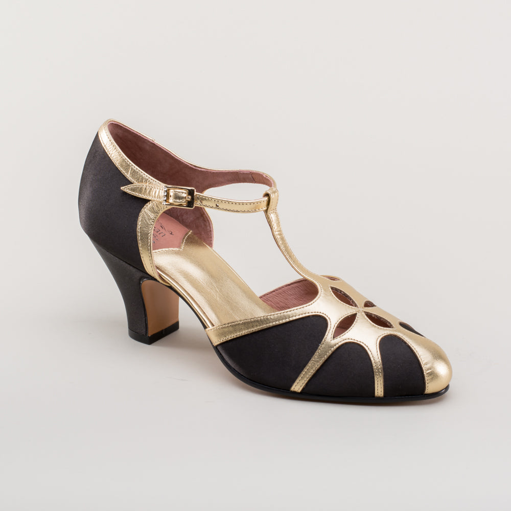 Lilith Vintage Flapper T-Straps Wide (Black/Gold)