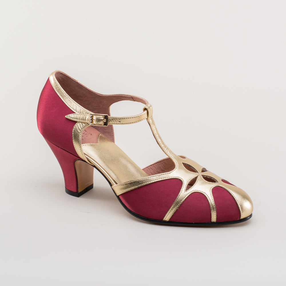 Lilith Vintage Flapper T-Straps Wide (Burgundy/Gold)