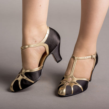 Lilith Vintage Flapper T-Straps Wide (Black/Gold)