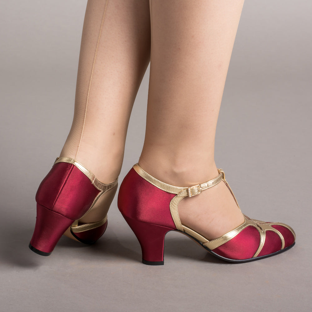 Lilith Vintage Flapper T-Straps (Burgundy/Gold)