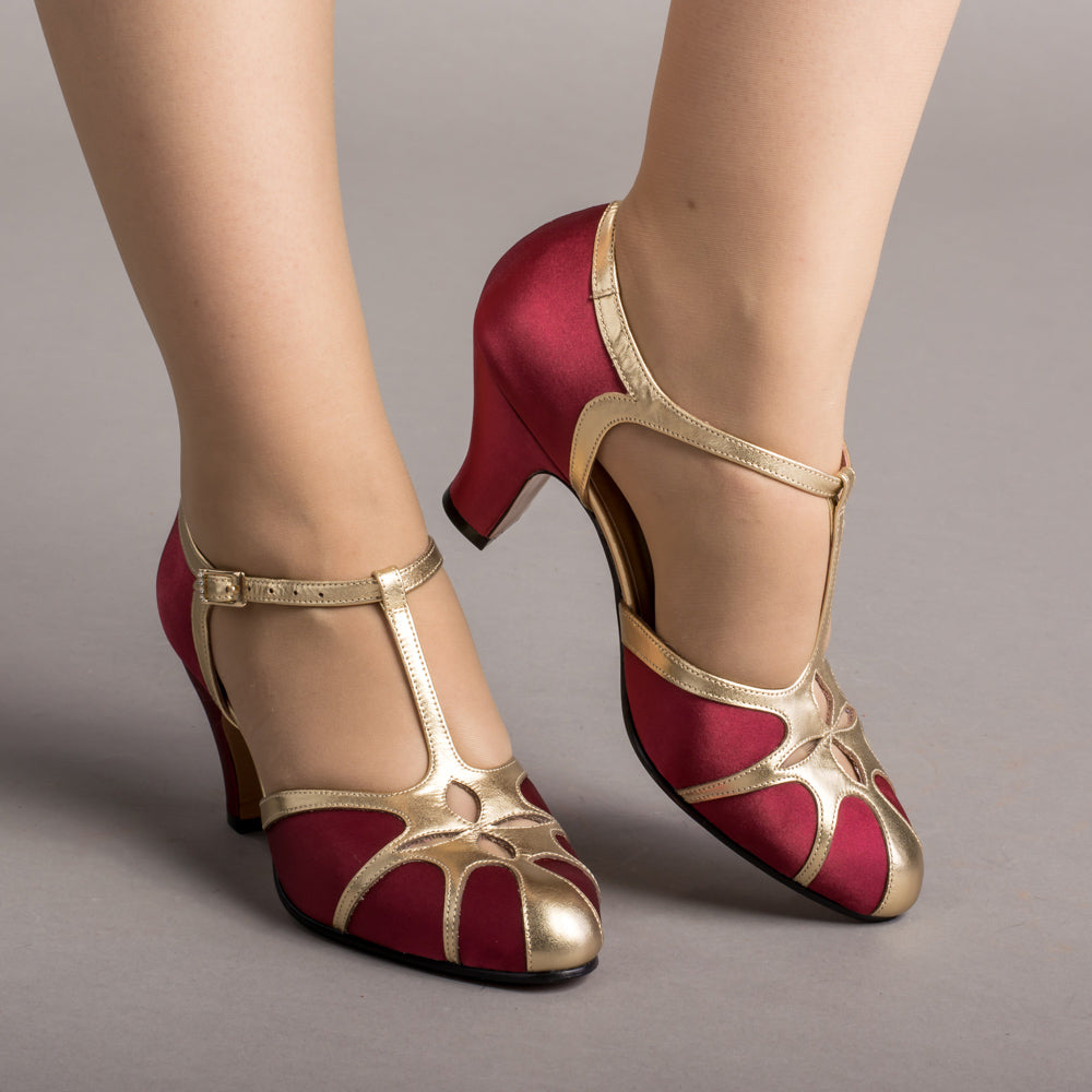 Lilith Vintage Flapper T-Straps (Burgundy/Gold)